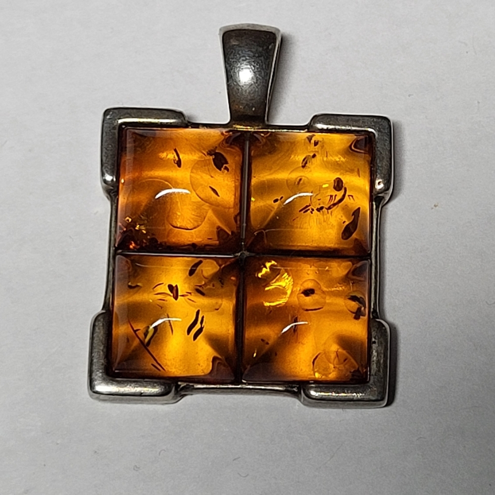 Genuine Honey Amber Square Pendant Set In Sterling Silver
